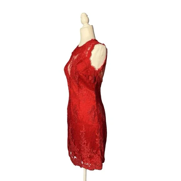 LULUS RED LACE MINI DRESS SHEER BACK EMBROIDERED SZ M EUC ROMANTIC FEMININE - Picture 3 of 8
